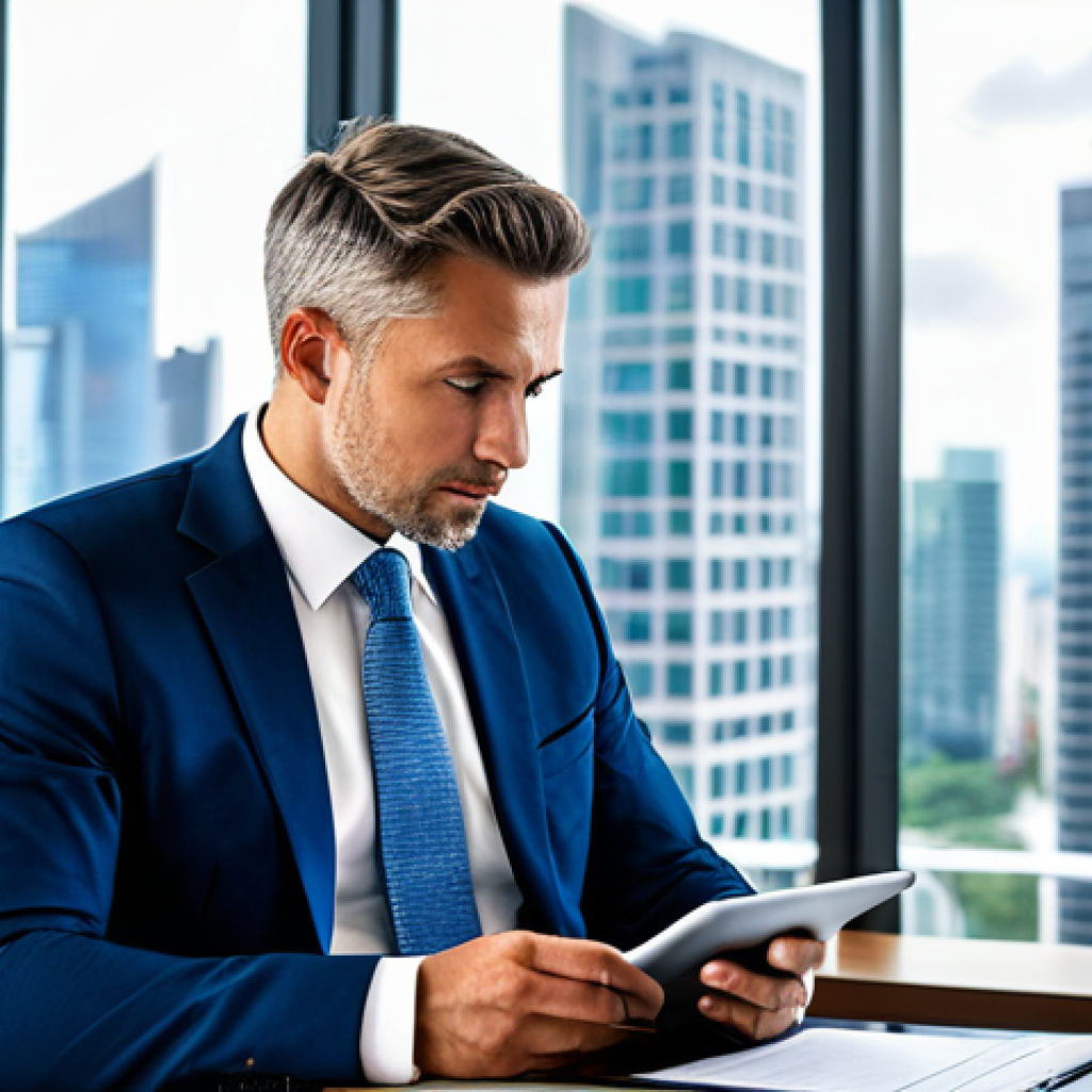 A professional male investor in a crisp, modest business suit, seated thoughtfully at a sleek modern desk within a high-rise office in a bustling financial district. He is looking at a tablet, with a blurred background showing a glimpse of a tropical city skyline through a large window, conveying strategic financial planning and global business. The image should reflect professionalism and success. Fully clothed, appropriate attire, professional dress, safe for work, appropriate content, perfect anatomy, correct proportions, natural pose, well-formed hands, proper finger count, natural body proportions, high-quality professional photography.