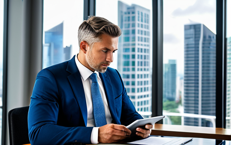 A professional male investor in a crisp, modest business suit, seated thoughtfully at a sleek modern desk within a high-rise office in a bustling financial district. He is looking at a tablet, with a blurred background showing a glimpse of a tropical city skyline through a large window, conveying strategic financial planning and global business. The image should reflect professionalism and success. Fully clothed, appropriate attire, professional dress, safe for work, appropriate content, perfect anatomy, correct proportions, natural pose, well-formed hands, proper finger count, natural body proportions, high-quality professional photography.